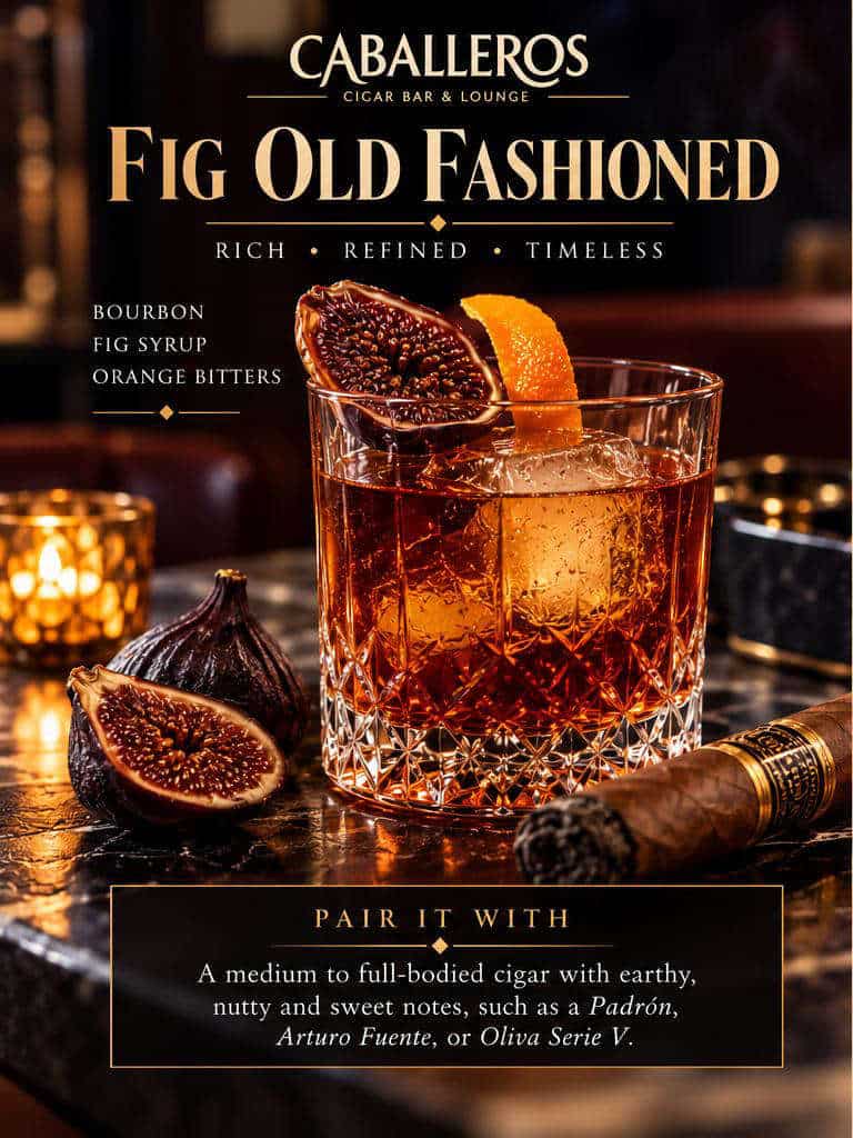 Caballeros Fig Old Fashioned cocktail promo — bourbon, fig syrup, and orange bitters served with a premium cigar
